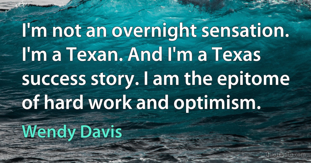 I'm not an overnight sensation. I'm a Texan. And I'm a Texas success story. I am the epitome of hard work and optimism. (Wendy Davis)