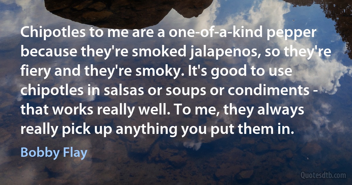 Chipotles to me are a one-of-a-kind pepper because they're smoked jalapenos, so they're fiery and they're smoky. It's good to use chipotles in salsas or soups or condiments - that works really well. To me, they always really pick up anything you put them in. (Bobby Flay)