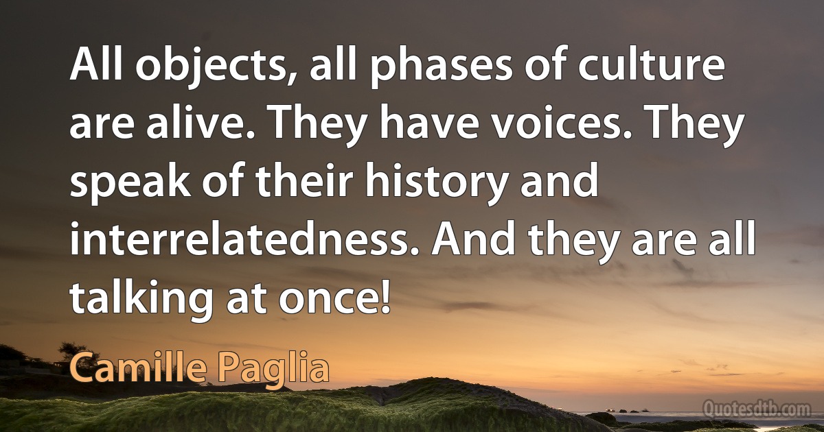 All objects, all phases of culture are alive. They have voices. They speak of their history and interrelatedness. And they are all talking at once! (Camille Paglia)