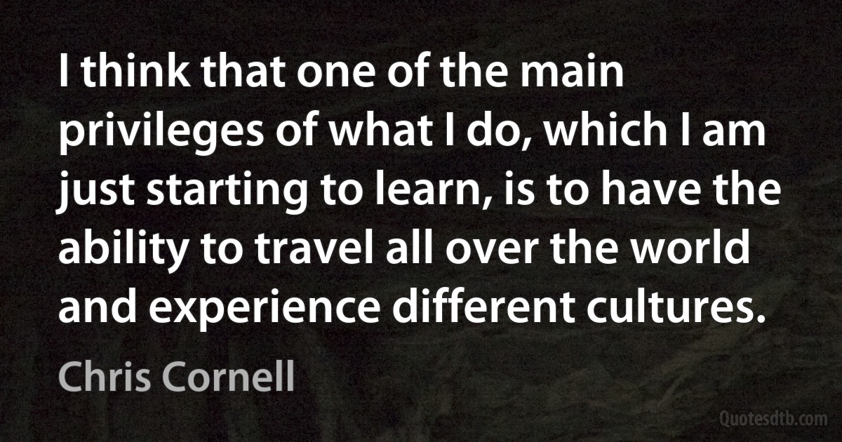 I think that one of the main privileges of what I do, which I am just starting to learn, is to have the ability to travel all over the world and experience different cultures. (Chris Cornell)