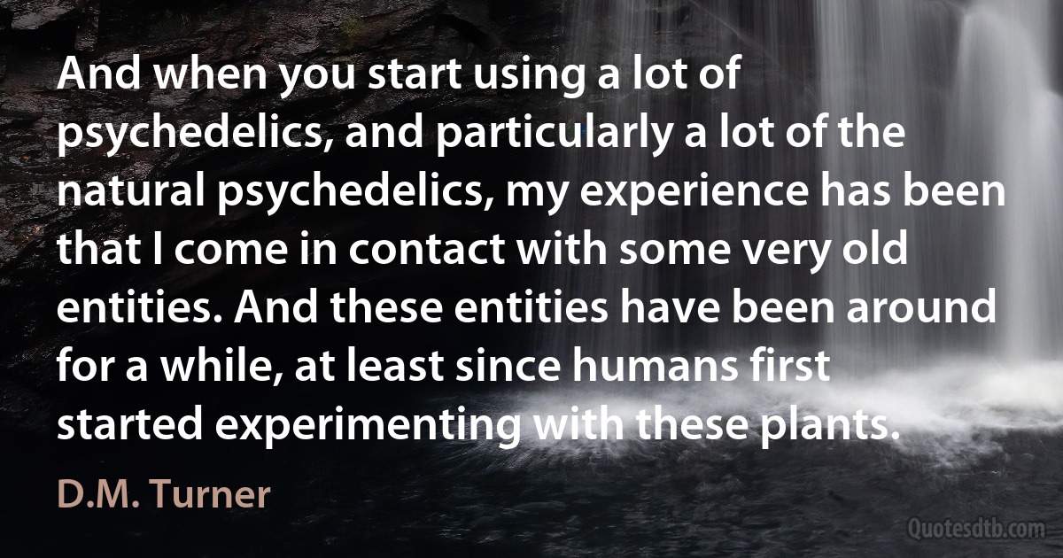 And when you start using a lot of psychedelics, and particularly a lot of the natural psychedelics, my experience has been that I come in contact with some very old entities. And these entities have been around for a while, at least since humans first started experimenting with these plants. (D.M. Turner)