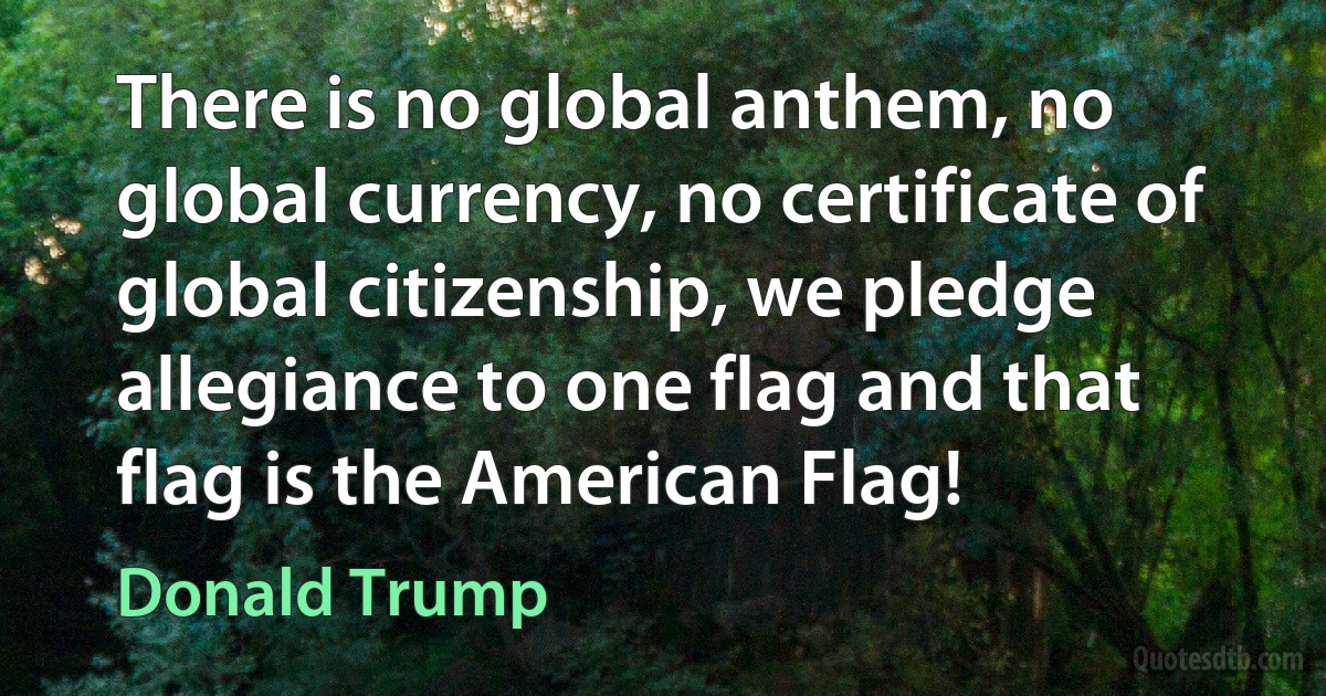 There is no global anthem, no global currency, no certificate of global citizenship, we pledge allegiance to one flag and that flag is the American Flag! (Donald Trump)