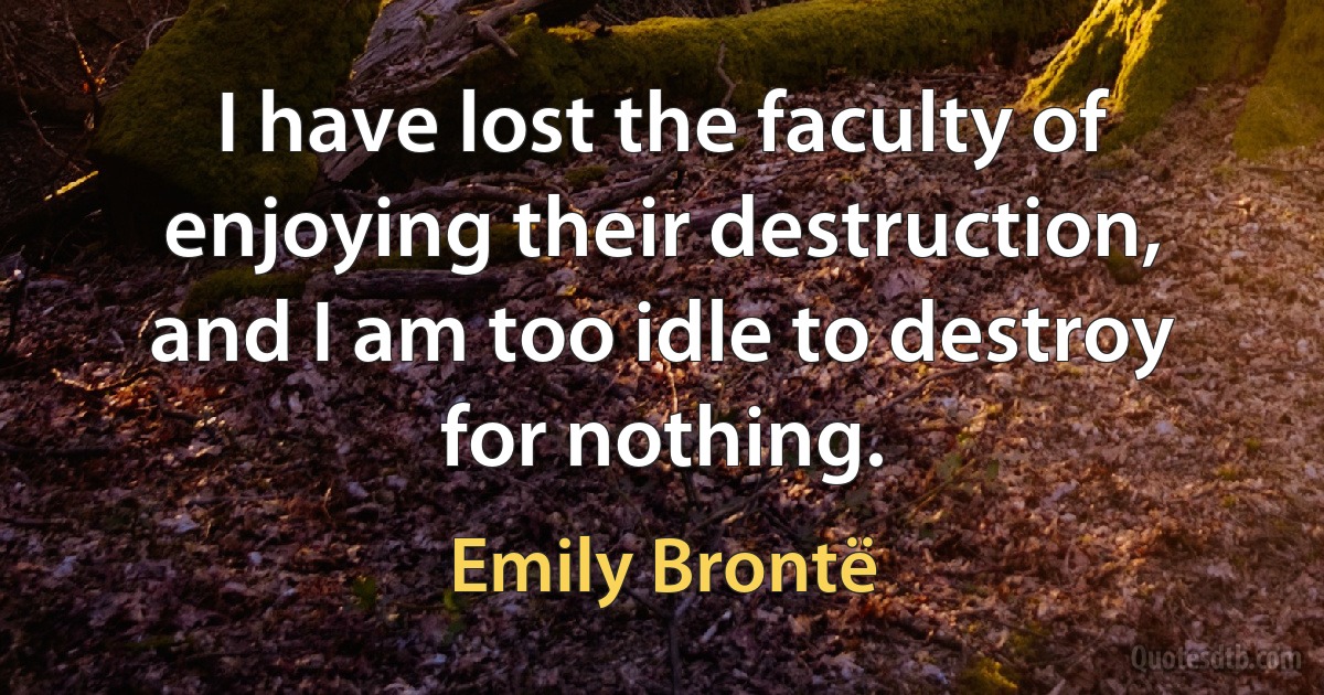 I have lost the faculty of enjoying their destruction, and I am too idle to destroy for nothing. (Emily Brontë)