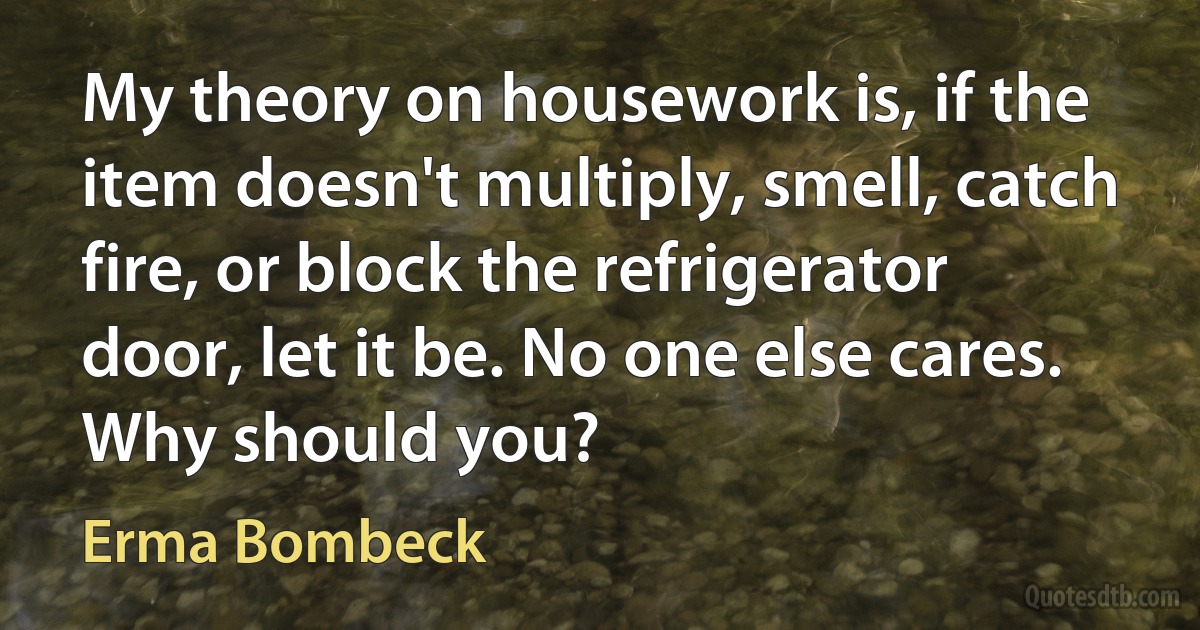 My theory on housework is, if the item doesn't multiply, smell, catch fire, or block the refrigerator door, let it be. No one else cares. Why should you? (Erma Bombeck)