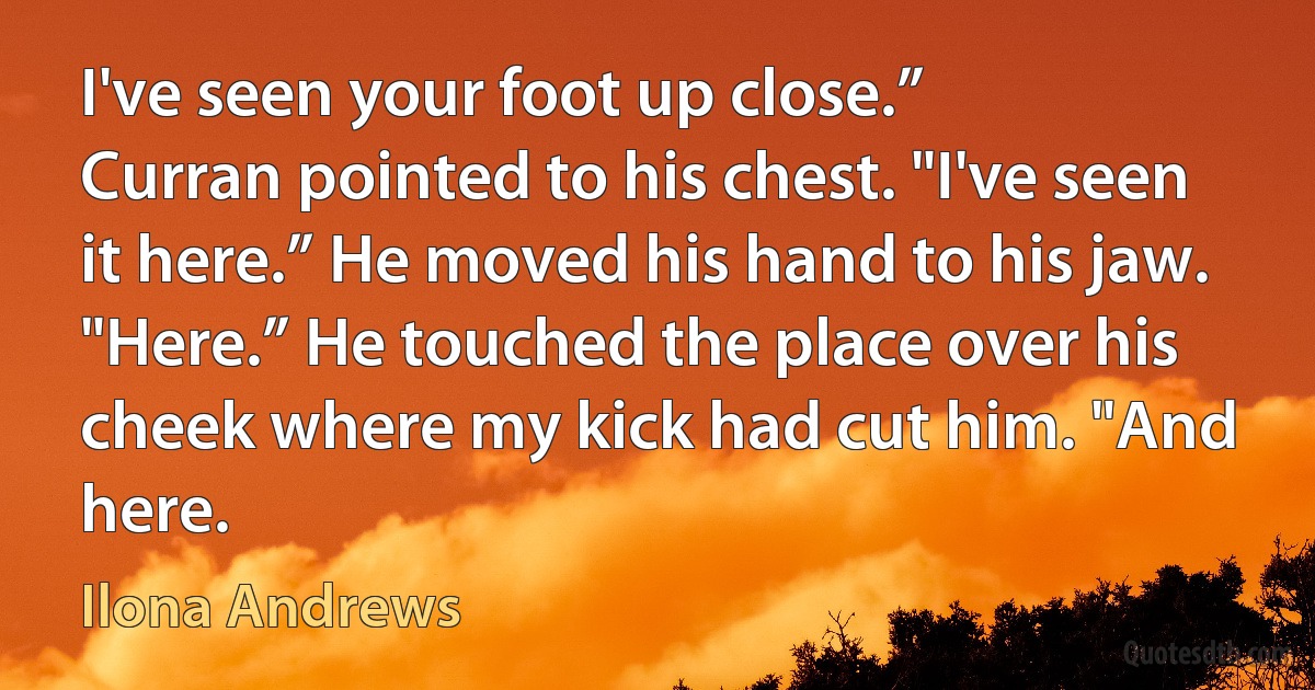 I've seen your foot up close.”
Curran pointed to his chest. "I've seen it here.” He moved his hand to his jaw. "Here.” He touched the place over his cheek where my kick had cut him. "And here. (Ilona Andrews)