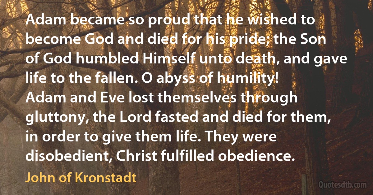 Adam became so proud that he wished to become God and died for his pride; the Son of God humbled Himself unto death, and gave life to the fallen. O abyss of humility! Adam and Eve lost themselves through gluttony, the Lord fasted and died for them, in order to give them life. They were disobedient, Christ fulfilled obedience. (John of Kronstadt)