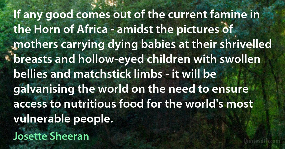 If any good comes out of the current famine in the Horn of Africa - amidst the pictures of mothers carrying dying babies at their shrivelled breasts and hollow-eyed children with swollen bellies and matchstick limbs - it will be galvanising the world on the need to ensure access to nutritious food for the world's most vulnerable people. (Josette Sheeran)