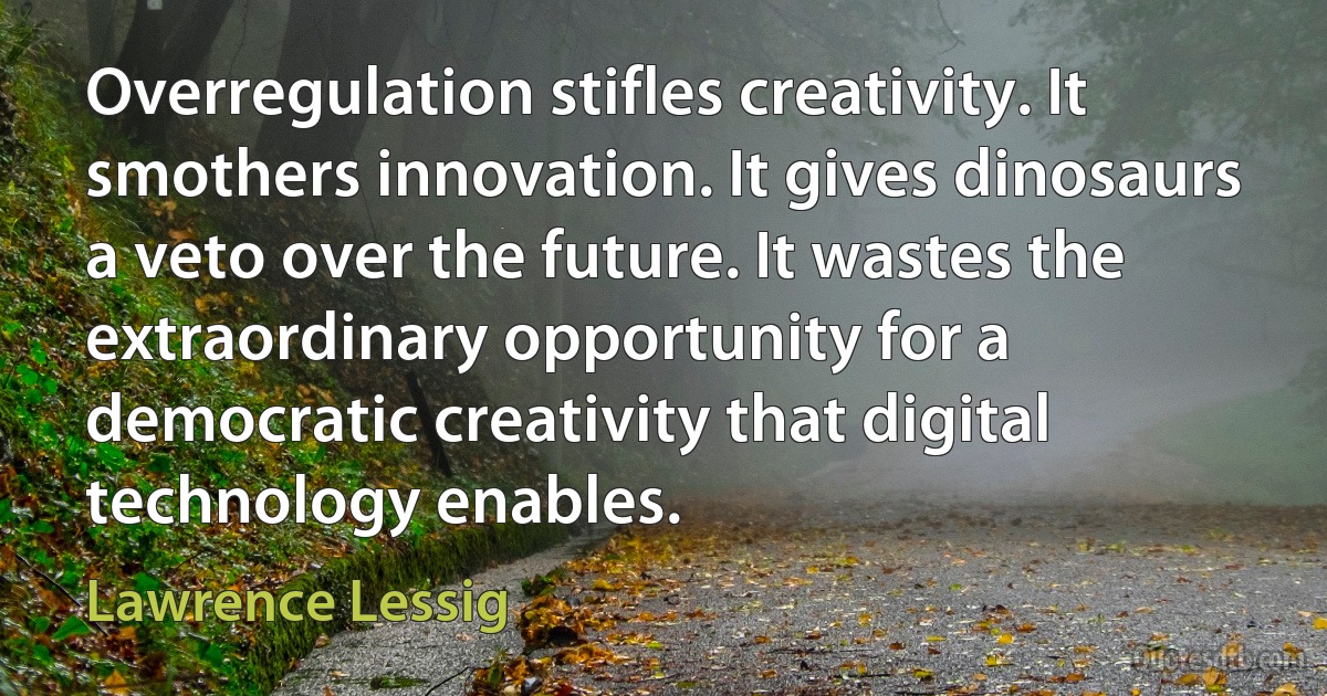 Overregulation stifles creativity. It smothers innovation. It gives dinosaurs a veto over the future. It wastes the extraordinary opportunity for a democratic creativity that digital technology enables. (Lawrence Lessig)