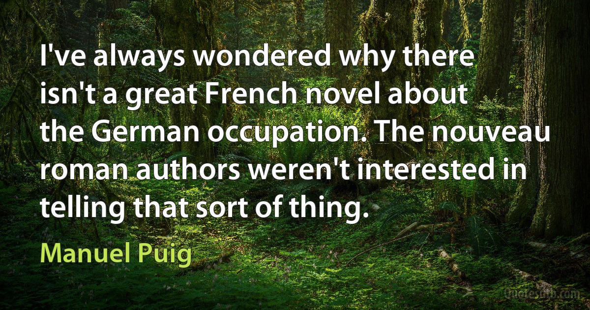 I've always wondered why there isn't a great French novel about the German occupation. The nouveau roman authors weren't interested in telling that sort of thing. (Manuel Puig)