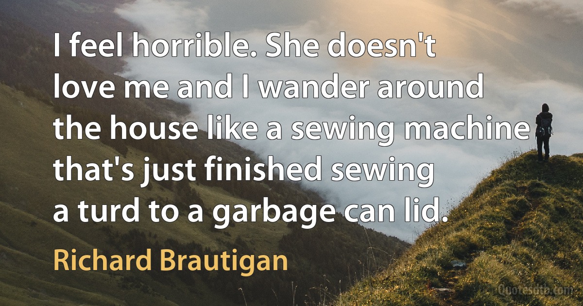 I feel horrible. She doesn't
love me and I wander around
the house like a sewing machine
that's just finished sewing
a turd to a garbage can lid. (Richard Brautigan)