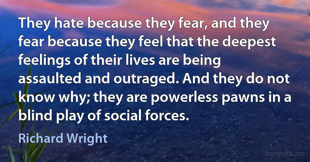 They hate because they fear, and they fear because they feel that the deepest feelings of their lives are being assaulted and outraged. And they do not know why; they are powerless pawns in a blind play of social forces. (Richard Wright)