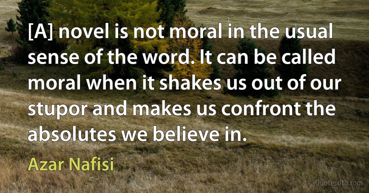 [A] novel is not moral in the usual sense of the word. It can be called moral when it shakes us out of our stupor and makes us confront the absolutes we believe in. (Azar Nafisi)