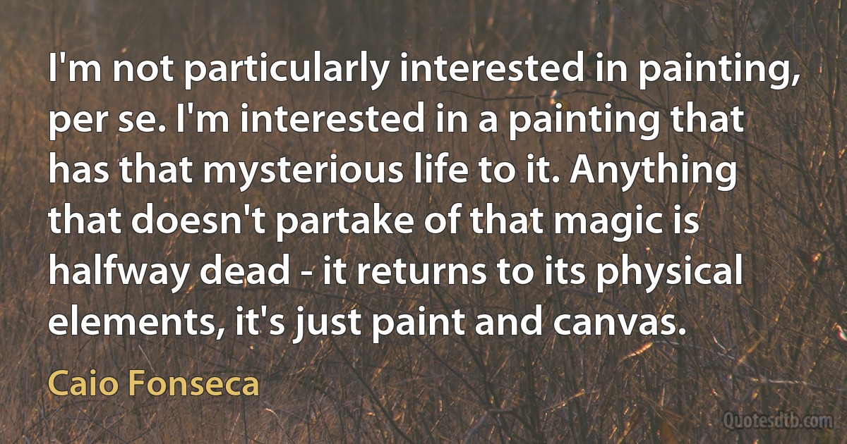 I'm not particularly interested in painting, per se. I'm interested in a painting that has that mysterious life to it. Anything that doesn't partake of that magic is halfway dead - it returns to its physical elements, it's just paint and canvas. (Caio Fonseca)