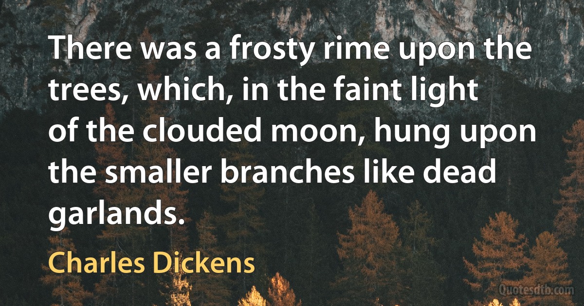 There was a frosty rime upon the trees, which, in the faint light of the clouded moon, hung upon the smaller branches like dead garlands. (Charles Dickens)