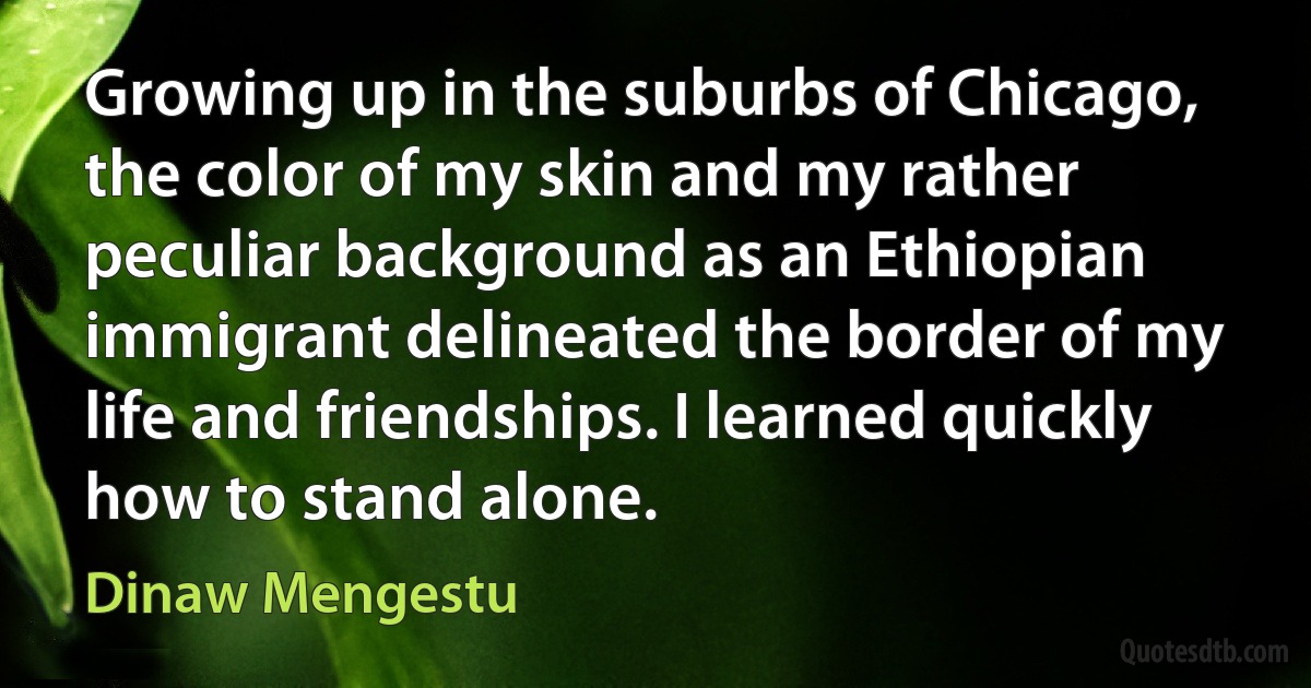 Growing up in the suburbs of Chicago, the color of my skin and my rather peculiar background as an Ethiopian immigrant delineated the border of my life and friendships. I learned quickly how to stand alone. (Dinaw Mengestu)