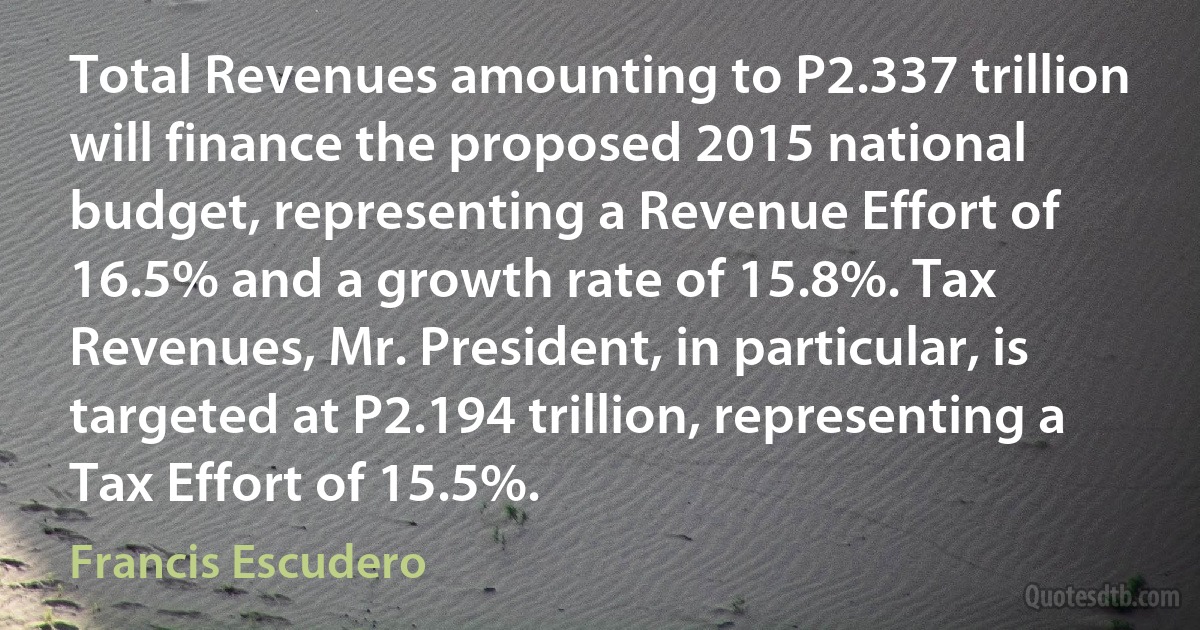 Total Revenues amounting to P2.337 trillion will finance the proposed 2015 national budget, representing a Revenue Effort of 16.5% and a growth rate of 15.8%. Tax Revenues, Mr. President, in particular, is targeted at P2.194 trillion, representing a Tax Effort of 15.5%. (Francis Escudero)