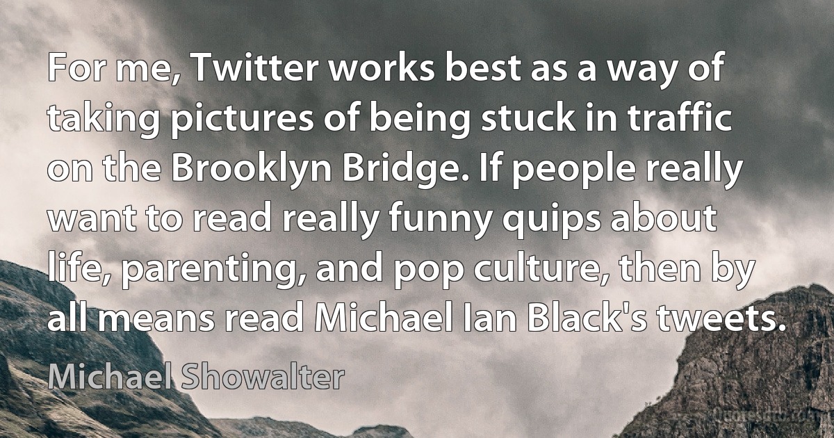 For me, Twitter works best as a way of taking pictures of being stuck in traffic on the Brooklyn Bridge. If people really want to read really funny quips about life, parenting, and pop culture, then by all means read Michael Ian Black's tweets. (Michael Showalter)