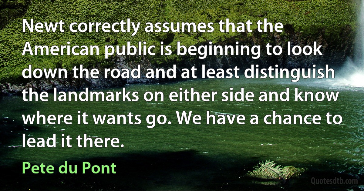 Newt correctly assumes that the American public is beginning to look down the road and at least distinguish the landmarks on either side and know where it wants go. We have a chance to lead it there. (Pete du Pont)