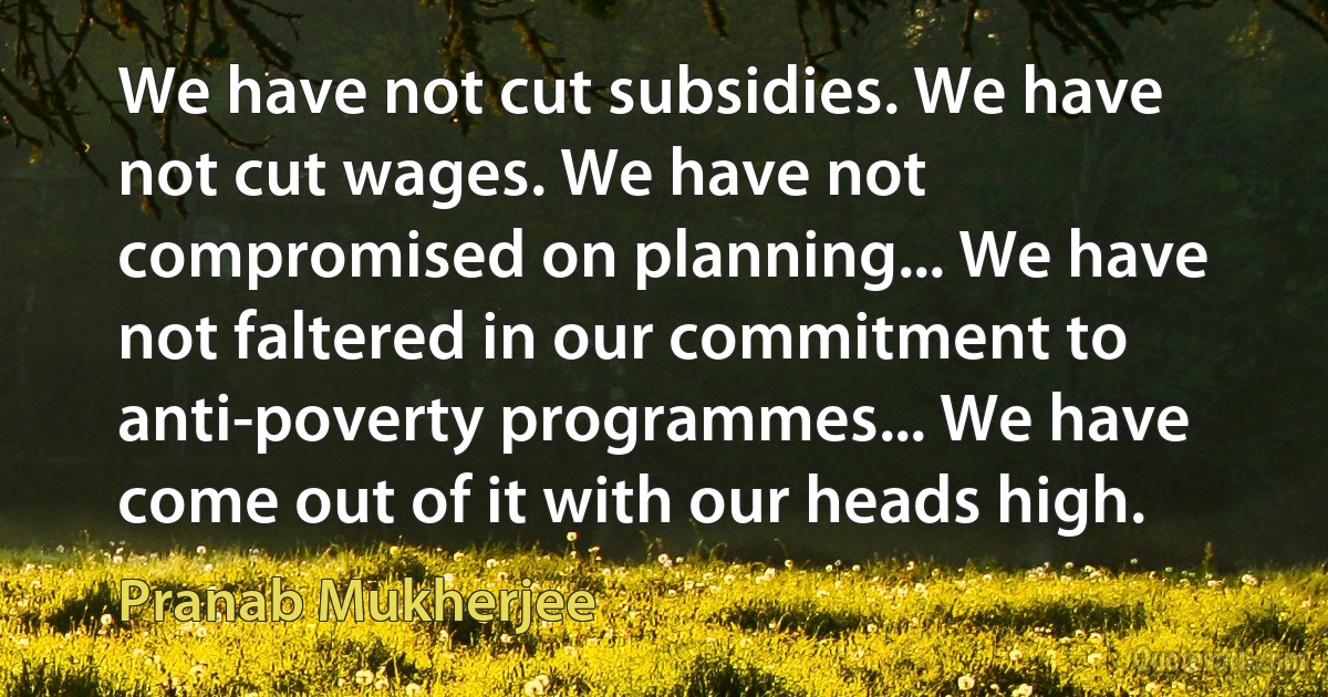 We have not cut subsidies. We have not cut wages. We have not compromised on planning... We have not faltered in our commitment to anti-poverty programmes... We have come out of it with our heads high. (Pranab Mukherjee)