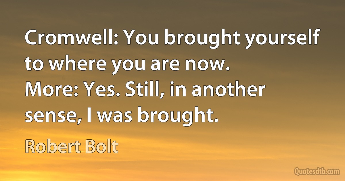 Cromwell: You brought yourself to where you are now.
More: Yes. Still, in another sense, I was brought. (Robert Bolt)