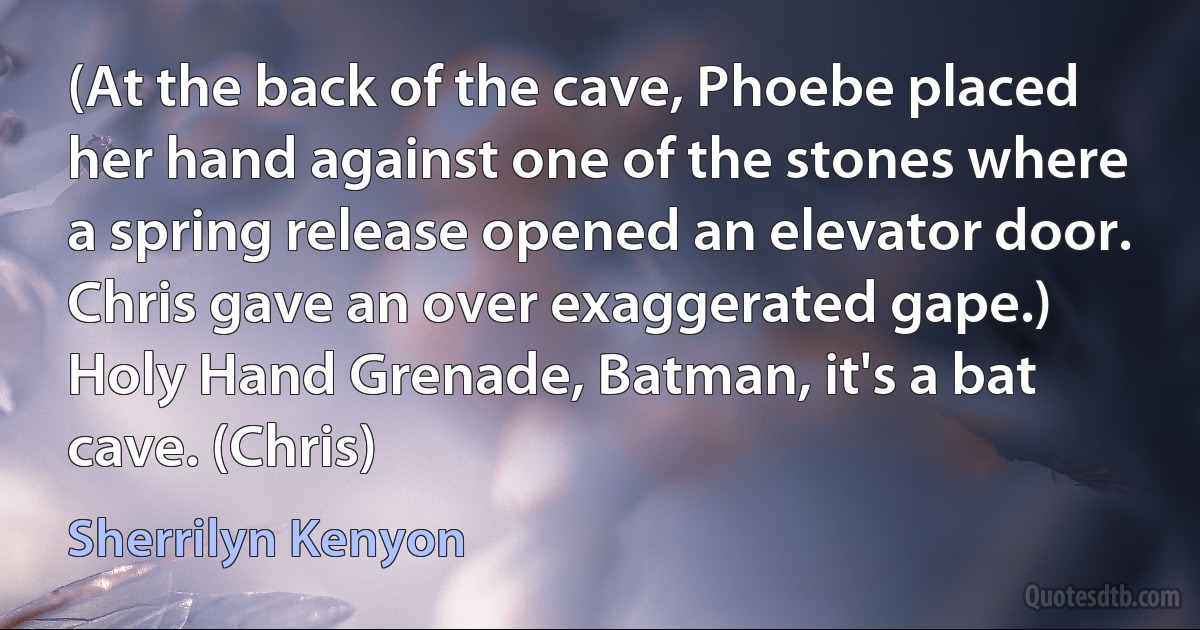 (At the back of the cave, Phoebe placed her hand against one of the stones where a spring release opened an elevator door. Chris gave an over exaggerated gape.)
Holy Hand Grenade, Batman, it's a bat cave. (Chris) (Sherrilyn Kenyon)