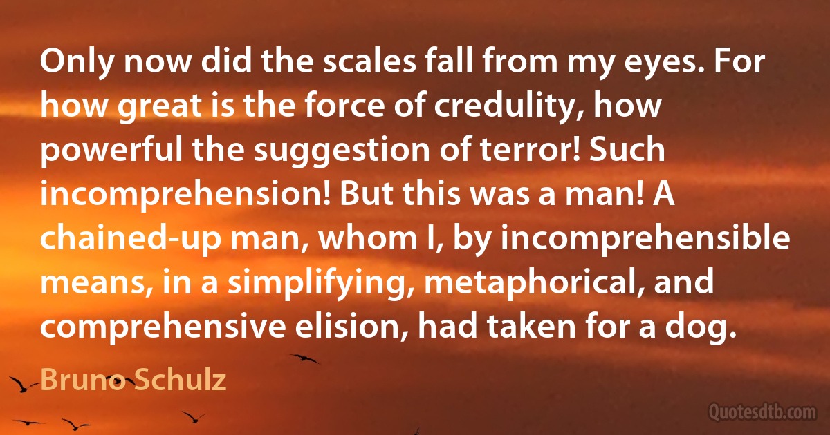 Only now did the scales fall from my eyes. For how great is the force of credulity, how powerful the suggestion of terror! Such incomprehension! But this was a man! A chained-up man, whom I, by incomprehensible means, in a simplifying, metaphorical, and comprehensive elision, had taken for a dog. (Bruno Schulz)