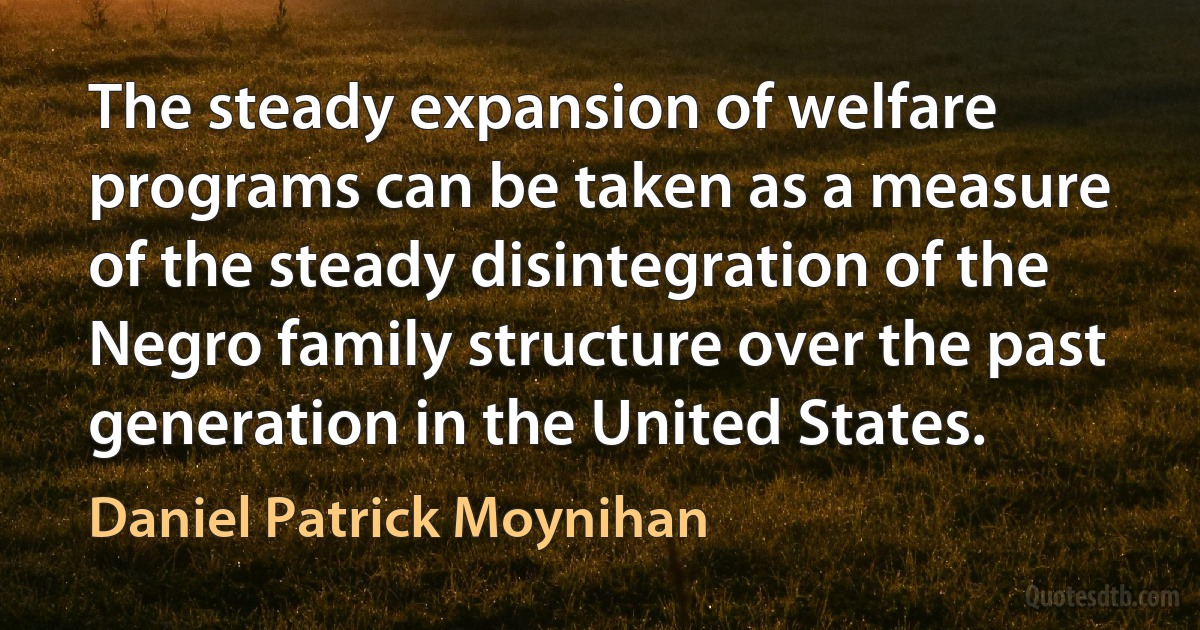 The steady expansion of welfare programs can be taken as a measure of the steady disintegration of the Negro family structure over the past generation in the United States. (Daniel Patrick Moynihan)