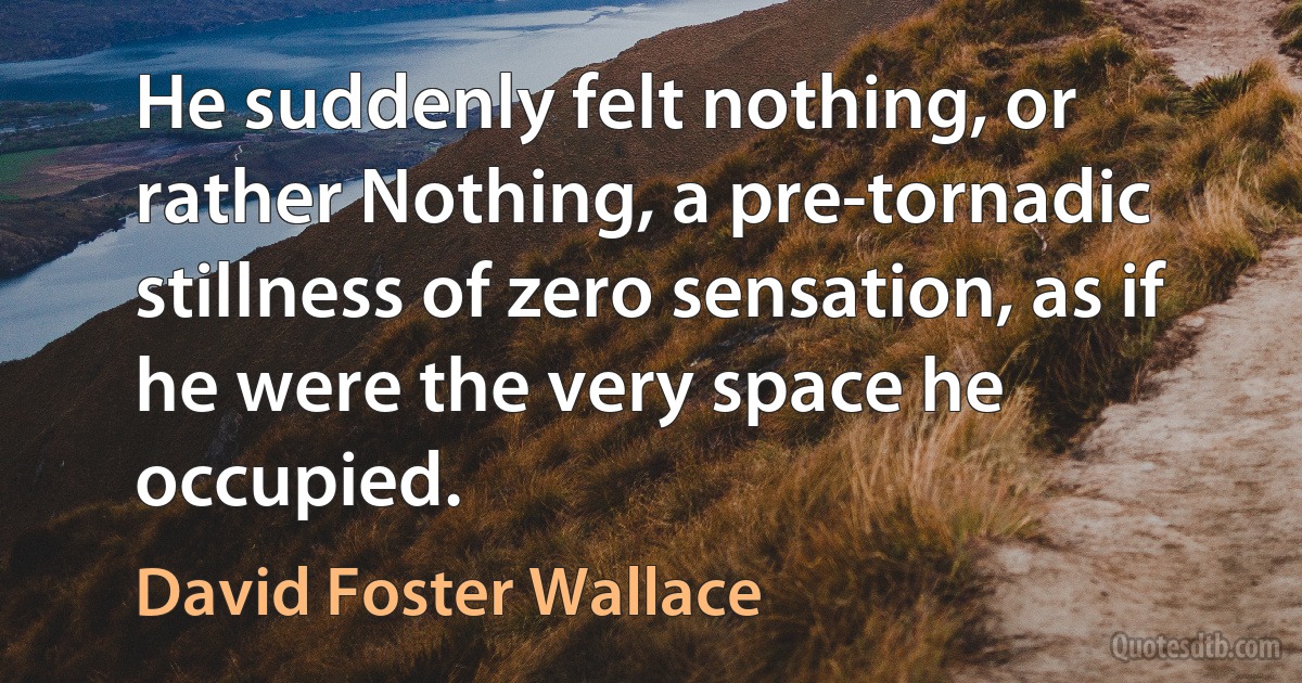 He suddenly felt nothing, or rather Nothing, a pre-tornadic stillness of zero sensation, as if he were the very space he occupied. (David Foster Wallace)