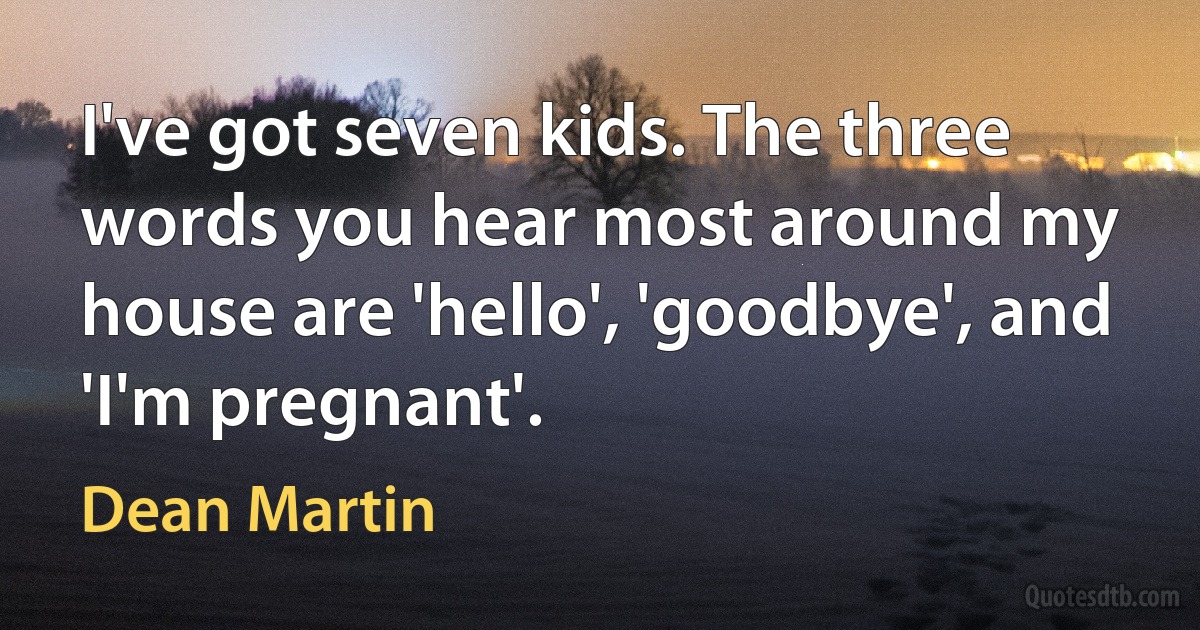 I've got seven kids. The three words you hear most around my house are 'hello', 'goodbye', and 'I'm pregnant'. (Dean Martin)