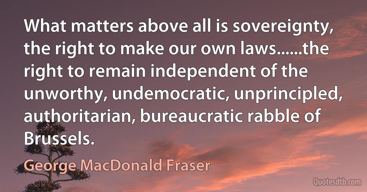 What matters above all is sovereignty, the right to make our own laws......the right to remain independent of the unworthy, undemocratic, unprincipled, authoritarian, bureaucratic rabble of Brussels. (George MacDonald Fraser)