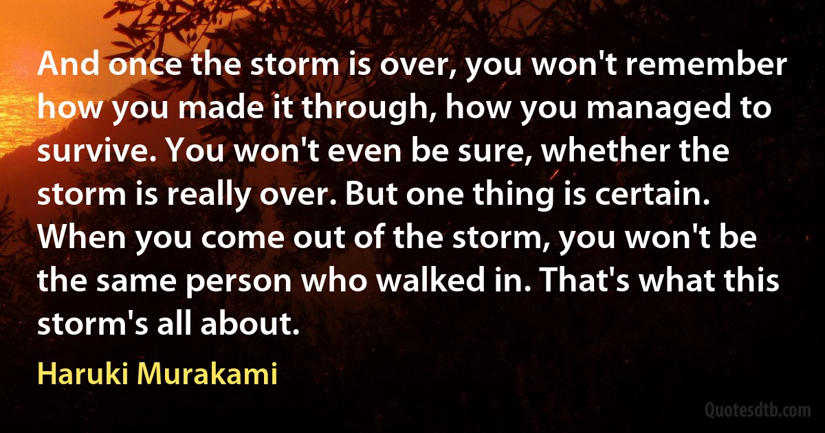 And once the storm is over, you won't remember how you made it through, how you managed to survive. You won't even be sure, whether the storm is really over. But one thing is certain. When you come out of the storm, you won't be the same person who walked in. That's what this storm's all about. (Haruki Murakami)