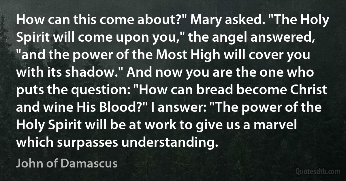 How can this come about?" Mary asked. "The Holy Spirit will come upon you," the angel answered, "and the power of the Most High will cover you with its shadow." And now you are the one who puts the question: "How can bread become Christ and wine His Blood?" I answer: "The power of the Holy Spirit will be at work to give us a marvel which surpasses understanding. (John of Damascus)