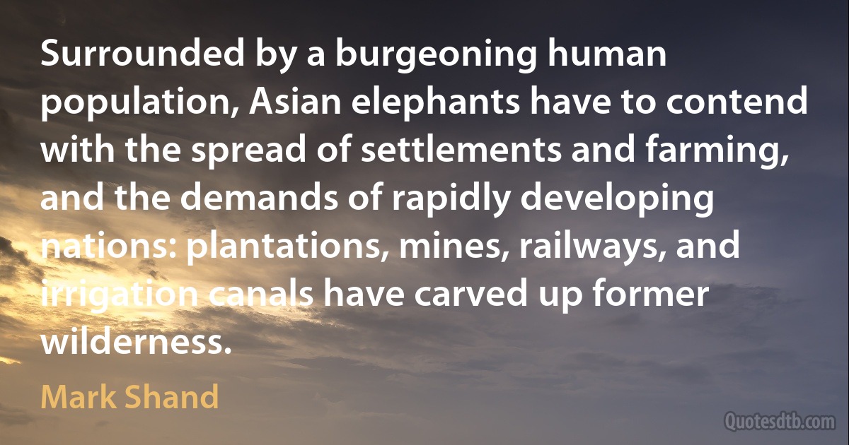 Surrounded by a burgeoning human population, Asian elephants have to contend with the spread of settlements and farming, and the demands of rapidly developing nations: plantations, mines, railways, and irrigation canals have carved up former wilderness. (Mark Shand)