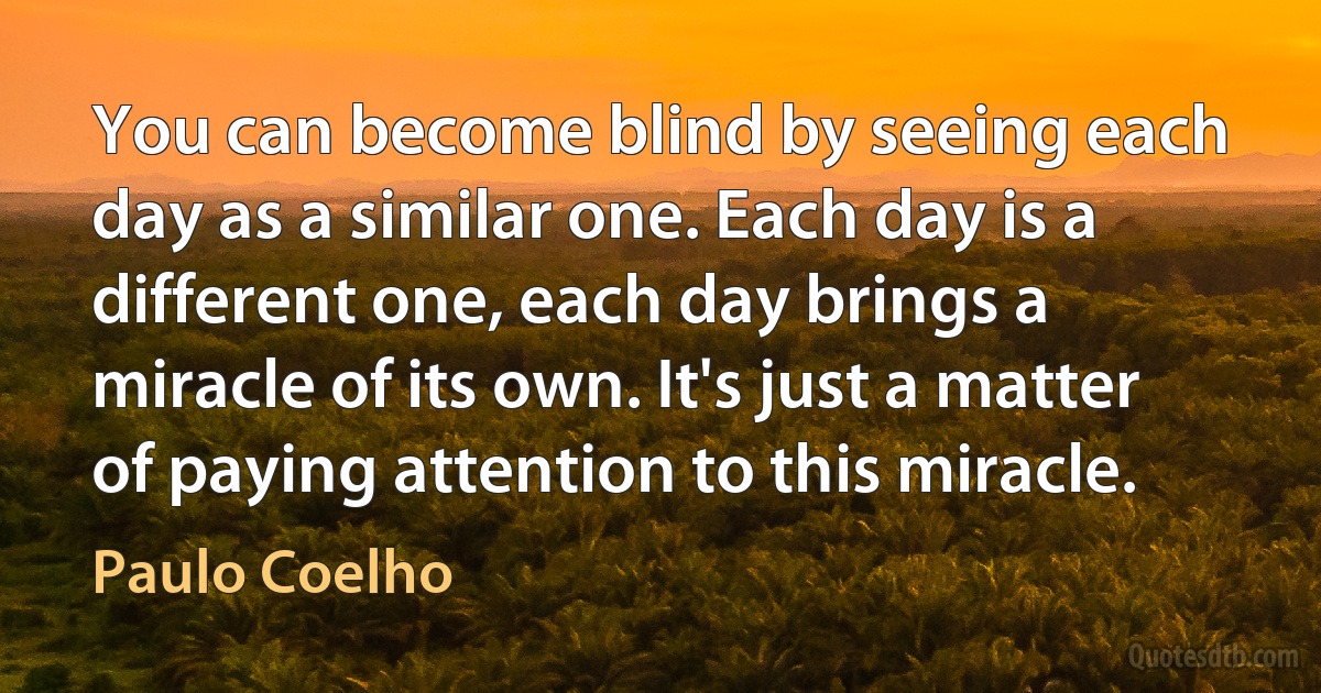 You can become blind by seeing each day as a similar one. Each day is a different one, each day brings a miracle of its own. It's just a matter of paying attention to this miracle. (Paulo Coelho)