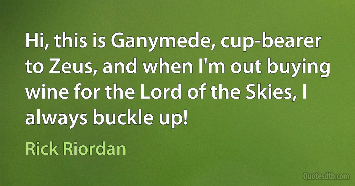 Hi, this is Ganymede, cup-bearer to Zeus, and when I'm out buying wine for the Lord of the Skies, I always buckle up! (Rick Riordan)