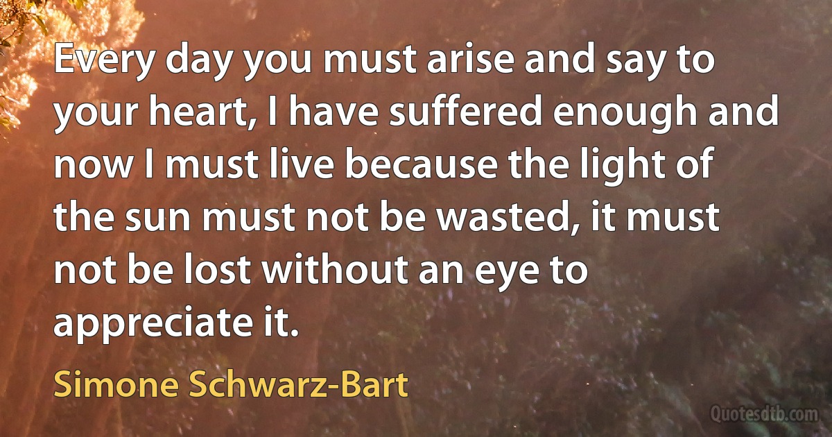 Every day you must arise and say to your heart, I have suffered enough and now I must live because the light of the sun must not be wasted, it must not be lost without an eye to appreciate it. (Simone Schwarz-Bart)