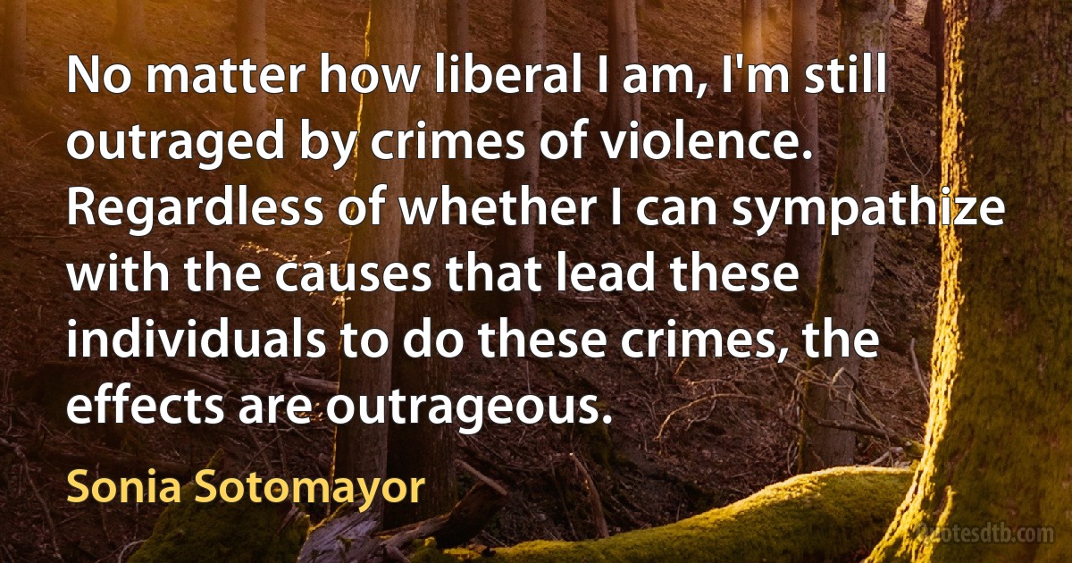 No matter how liberal I am, I'm still outraged by crimes of violence. Regardless of whether I can sympathize with the causes that lead these individuals to do these crimes, the effects are outrageous. (Sonia Sotomayor)