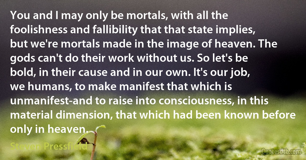 You and I may only be mortals, with all the foolishness and fallibility that that state implies, but we're mortals made in the image of heaven. The gods can't do their work without us. So let's be bold, in their cause and in our own. It's our job, we humans, to make manifest that which is unmanifest-and to raise into consciousness, in this material dimension, that which had been known before only in heaven. (Steven Pressfield)