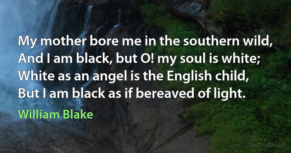 My mother bore me in the southern wild,
And I am black, but O! my soul is white;
White as an angel is the English child,
But I am black as if bereaved of light. (William Blake)