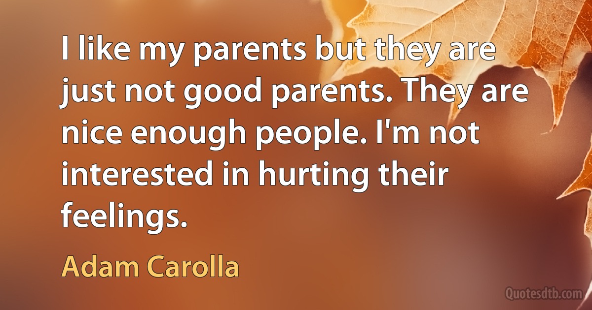 I like my parents but they are just not good parents. They are nice enough people. I'm not interested in hurting their feelings. (Adam Carolla)