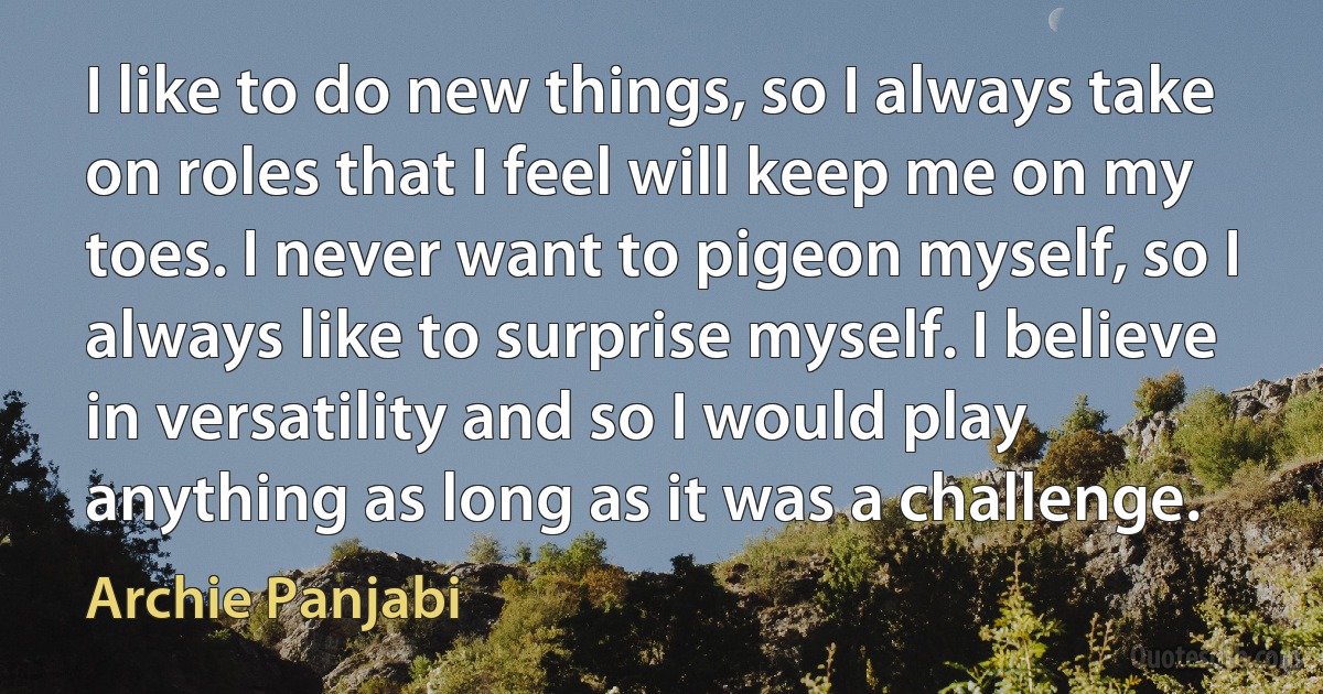 I like to do new things, so I always take on roles that I feel will keep me on my toes. I never want to pigeon myself, so I always like to surprise myself. I believe in versatility and so I would play anything as long as it was a challenge. (Archie Panjabi)