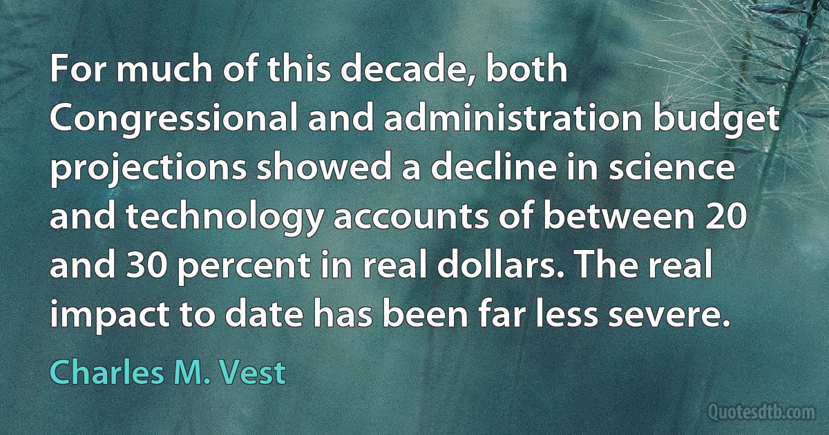 For much of this decade, both Congressional and administration budget projections showed a decline in science and technology accounts of between 20 and 30 percent in real dollars. The real impact to date has been far less severe. (Charles M. Vest)