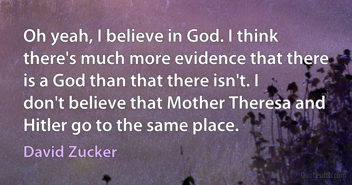 Oh yeah, I believe in God. I think there's much more evidence that there is a God than that there isn't. I don't believe that Mother Theresa and Hitler go to the same place. (David Zucker)