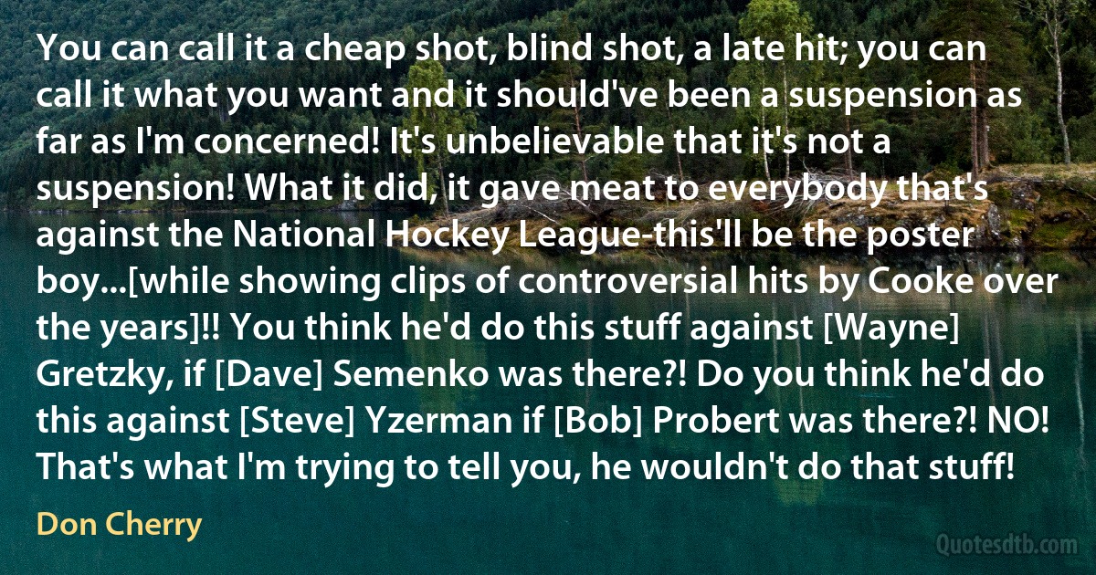You can call it a cheap shot, blind shot, a late hit; you can call it what you want and it should've been a suspension as far as I'm concerned! It's unbelievable that it's not a suspension! What it did, it gave meat to everybody that's against the National Hockey League-this'll be the poster boy...[while showing clips of controversial hits by Cooke over the years]!! You think he'd do this stuff against [Wayne] Gretzky, if [Dave] Semenko was there?! Do you think he'd do this against [Steve] Yzerman if [Bob] Probert was there?! NO! That's what I'm trying to tell you, he wouldn't do that stuff! (Don Cherry)