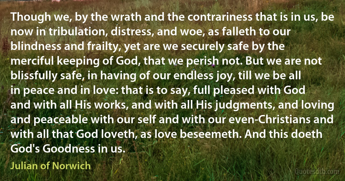 Though we, by the wrath and the contrariness that is in us, be now in tribulation, distress, and woe, as falleth to our blindness and frailty, yet are we securely safe by the merciful keeping of God, that we perish not. But we are not blissfully safe, in having of our endless joy, till we be all in peace and in love: that is to say, full pleased with God and with all His works, and with all His judgments, and loving and peaceable with our self and with our even-Christians and with all that God loveth, as love beseemeth. And this doeth God's Goodness in us. (Julian of Norwich)