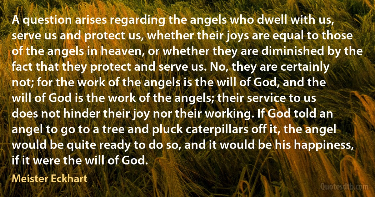 A question arises regarding the angels who dwell with us, serve us and protect us, whether their joys are equal to those of the angels in heaven, or whether they are diminished by the fact that they protect and serve us. No, they are certainly not; for the work of the angels is the will of God, and the will of God is the work of the angels; their service to us does not hinder their joy nor their working. If God told an angel to go to a tree and pluck caterpillars off it, the angel would be quite ready to do so, and it would be his happiness, if it were the will of God. (Meister Eckhart)