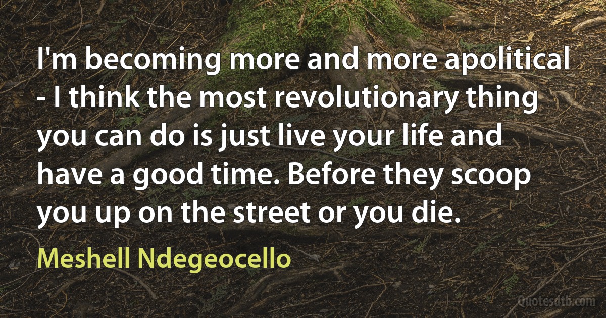 I'm becoming more and more apolitical - I think the most revolutionary thing you can do is just live your life and have a good time. Before they scoop you up on the street or you die. (Meshell Ndegeocello)