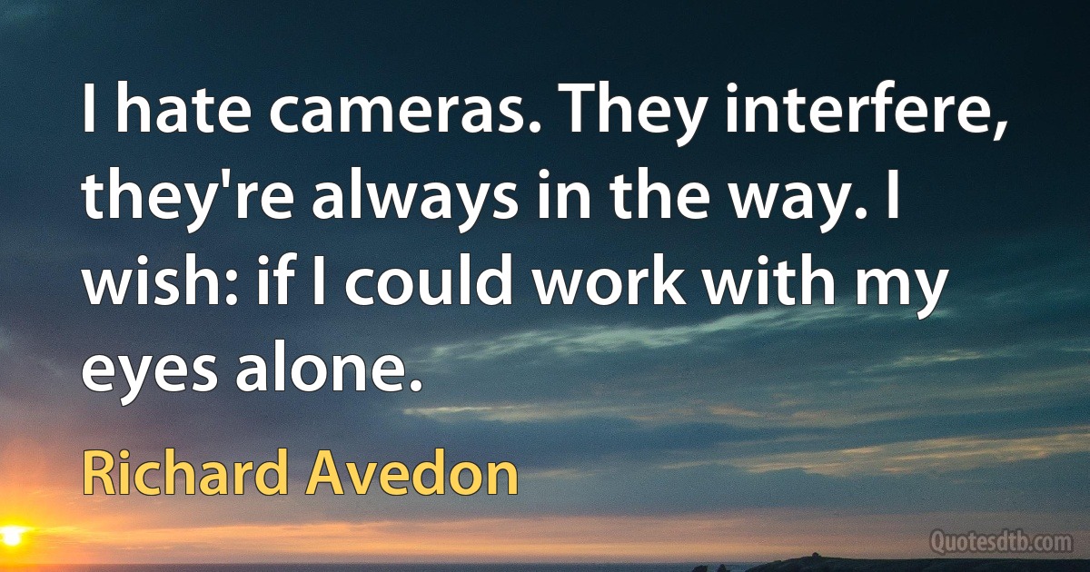 I hate cameras. They interfere, they're always in the way. I wish: if I could work with my eyes alone. (Richard Avedon)