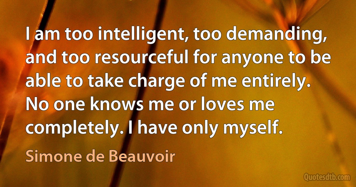 I am too intelligent, too demanding, and too resourceful for anyone to be able to take charge of me entirely. No one knows me or loves me completely. I have only myself. (Simone de Beauvoir)