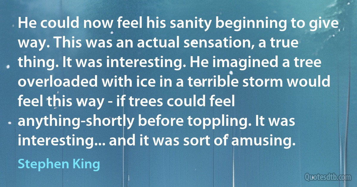 He could now feel his sanity beginning to give way. This was an actual sensation, a true thing. It was interesting. He imagined a tree overloaded with ice in a terrible storm would feel this way - if trees could feel anything-shortly before toppling. It was interesting... and it was sort of amusing. (Stephen King)